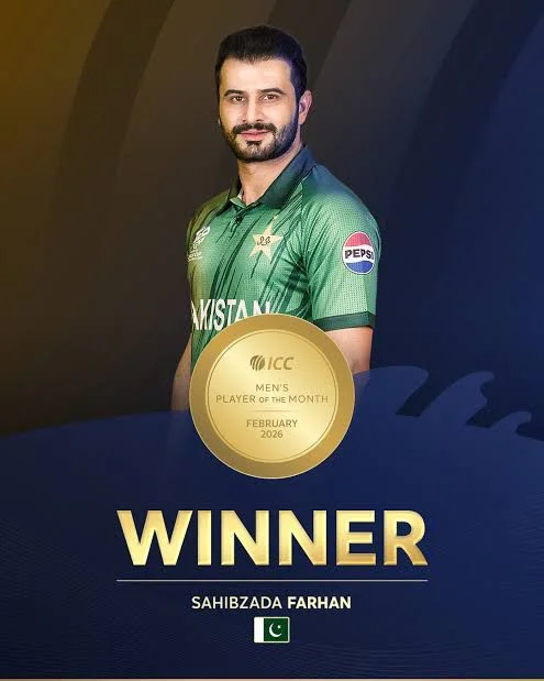 صاحب‌زادہ فرحان از پاکستان پس از عملکرد رکوردشکن در جام جهانی T20 به عنوان بازیکن ماه ICC انتخاب شد.